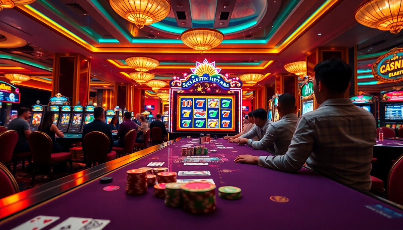 Play the slot demo scatter hitam in an exciting casino setting with vibrant lights and elegant decor.