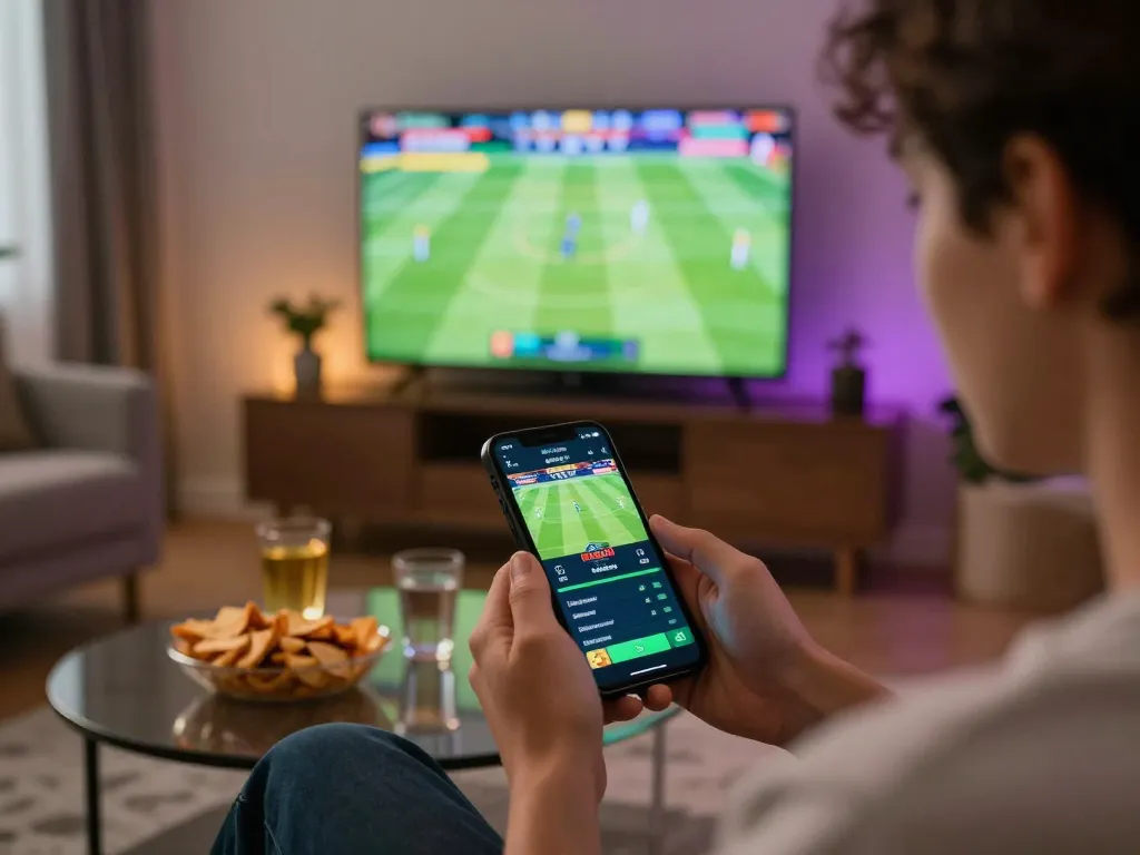 Engaging user betting on vsbet sports app in a cozy home setting during live match