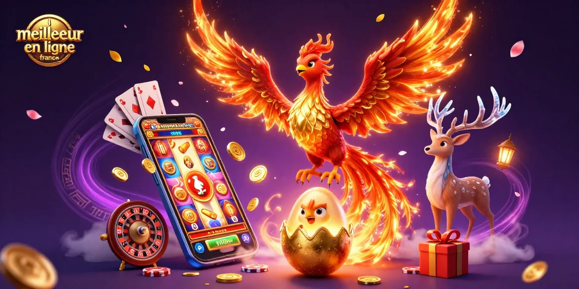 Illustration dynamique capturant le meilleur casino en ligne France, avec des éléments de jeux de casino et un phoenix en feu.