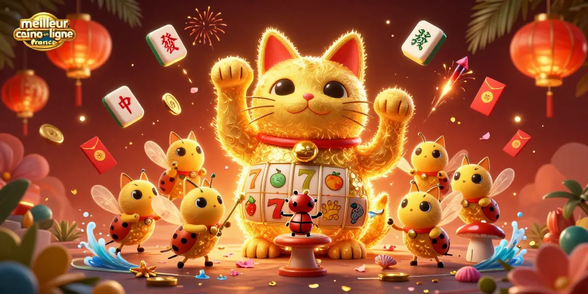 Image illustrant le meilleur casino en ligne France avec un chat porte-bonheur et des symboles de jeux.