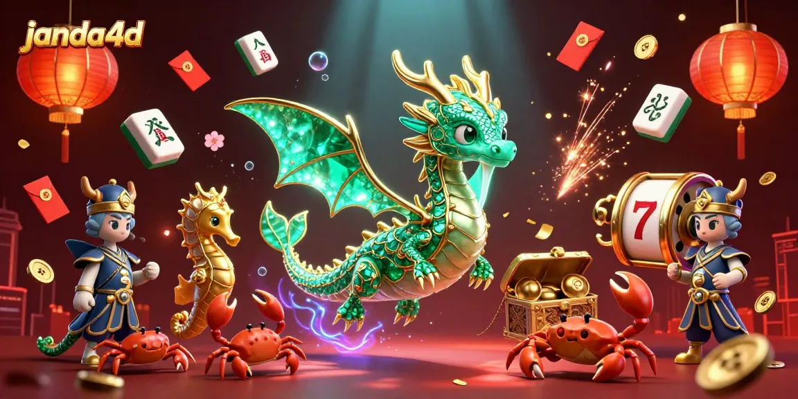 Experience the vibrant energy of janda4d with a vivid casino-themed underwater scene featuring a dragon and slot reels.
