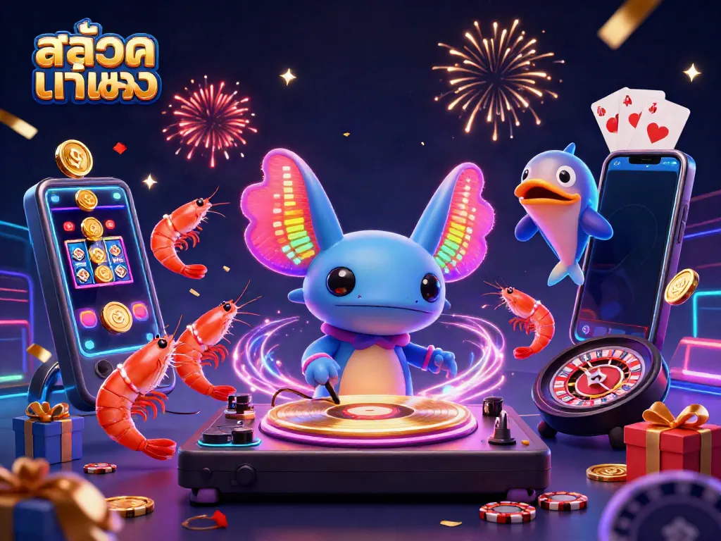 Experience the thrill of สล็อตแท้ตรง with vibrant axolotl DJ and dynamic gaming elements in a colorful 3D scene.