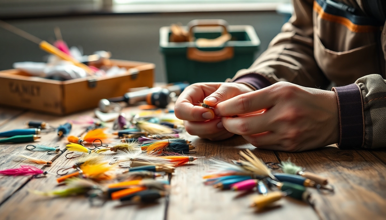 Tying intricate fly patterns with colorful materials focuses on fly tying skills.