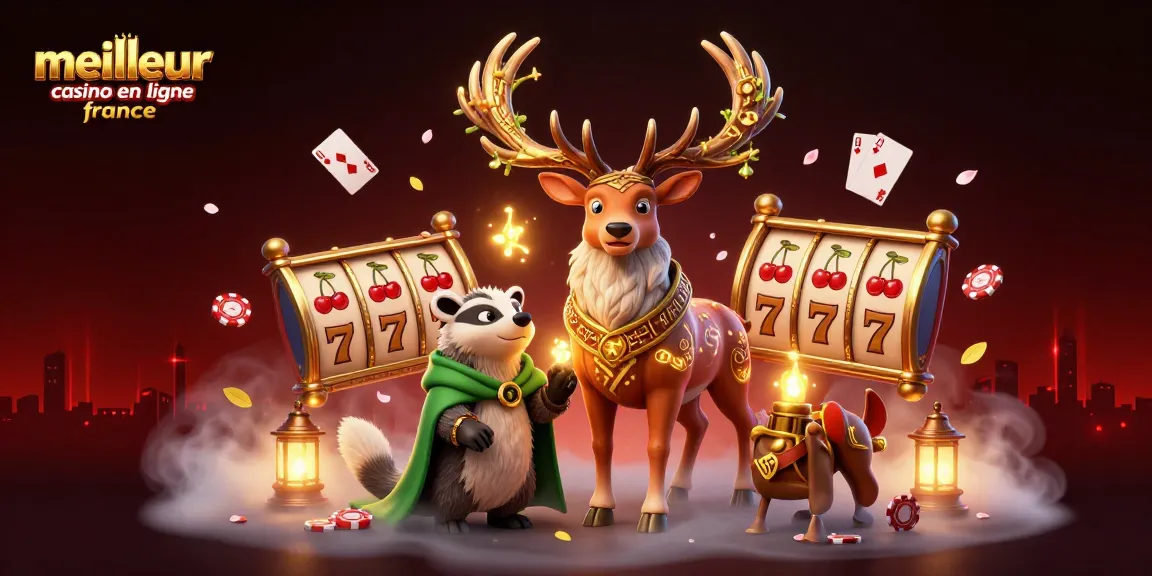 Illustration colorée du meilleur casino en ligne France mettant en scène un cerf celtique et un blaireau avec des éléments de jeu.