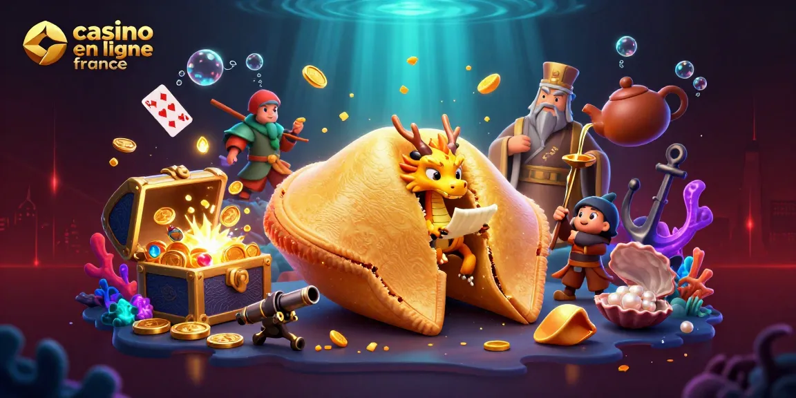 Jouez au casino en ligne France avec un dragon sage et un cookie chanceux dans un univers scintillant.