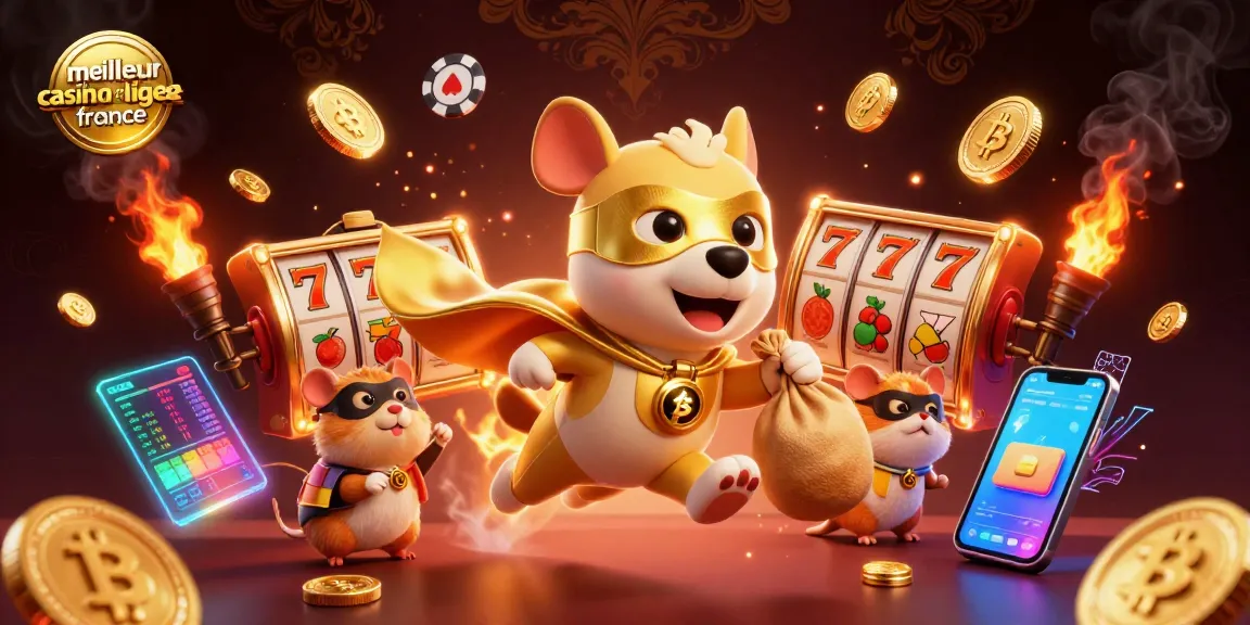 Visuel illustrant le meilleur casino en ligne France, avec un super chien héros et des éléments de jeu captivants.