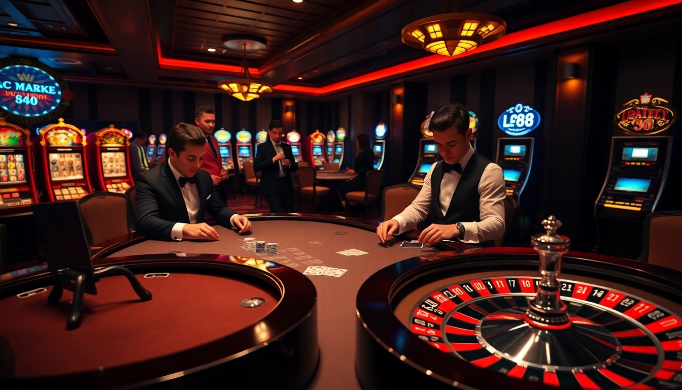 Exciting gambling scene at a casino featuring Lc 88, poker tables, and roulette wheels.