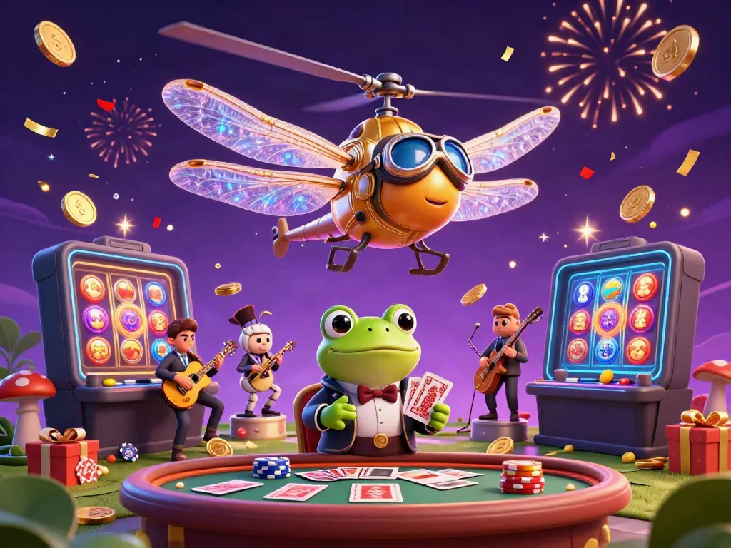 Engage in slot gacor action with a festive scene showcasing a dragonfly pilot, frog croupier, and jazz musicians.