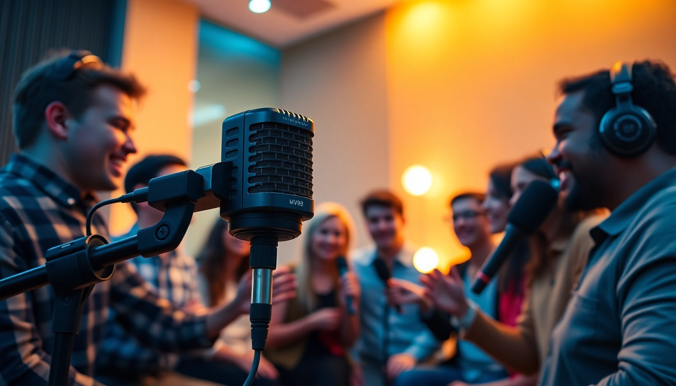 MV88 microphone showcased in a dynamic podcast recording setting with diverse podcasters.