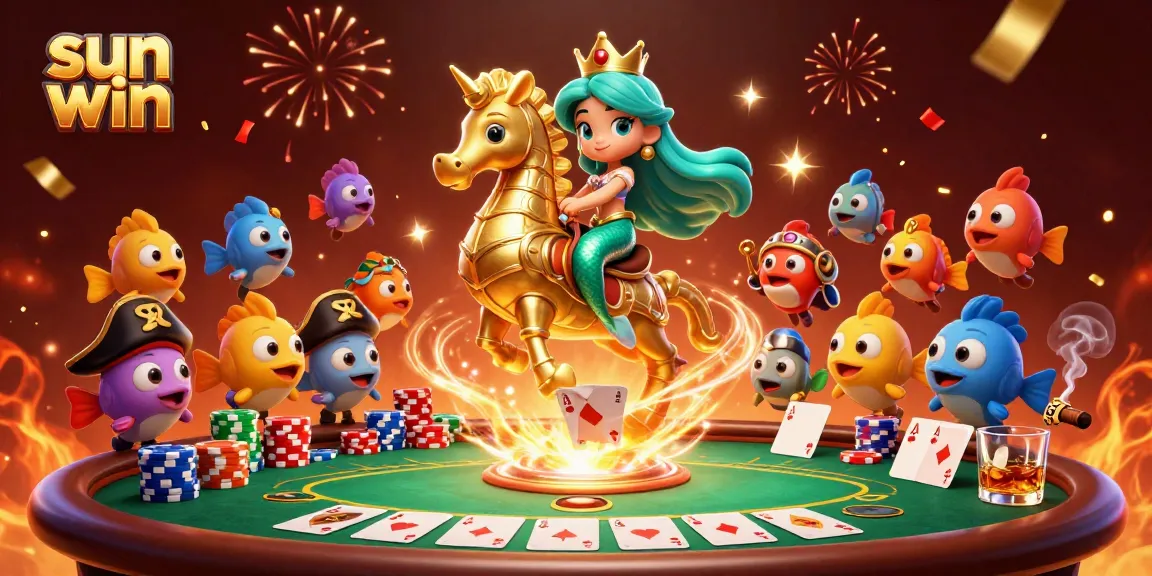 Experience sun win with a vibrant illustration of a mermaid princess and casino elements.