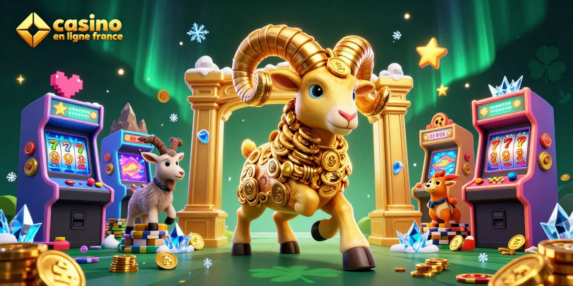 Jouez sur casino en ligne france avec ce 3D vibrant et coloré d'un bélier doré chargé devant des machines à sous.