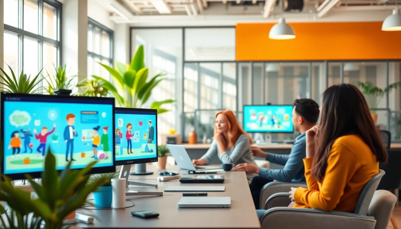 Unternehmensanimation zeigt kreative Teamarbeit in einem lebhaften Büro mit modernem Design.
