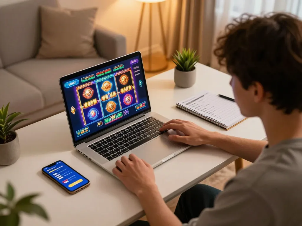 Player engaging with vibrant situs slot games on a laptop, showcasing a cozy online gaming atmosphere.