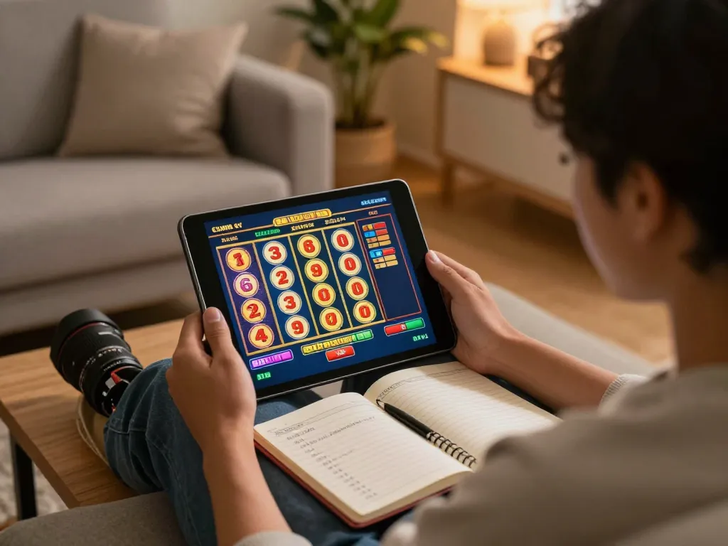 Engaging in slot bet kecil gameplay on a tablet in a cozy living room setting