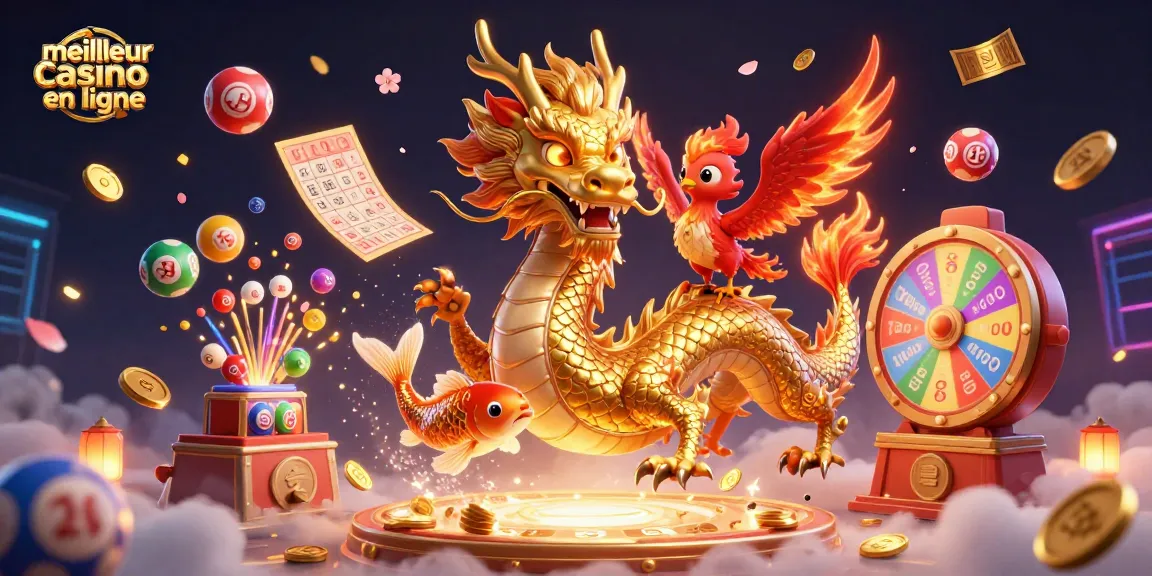 Plongez dans l'univers du meilleur casino en ligne avec ce dragon doré et des éléments de loterie éclatants.