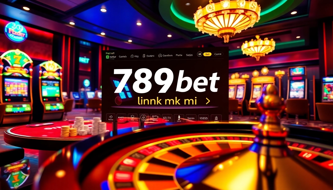 Players engaging with the 789bet link mới on a luxurious casino interface featuring vibrant slots and poker tables.