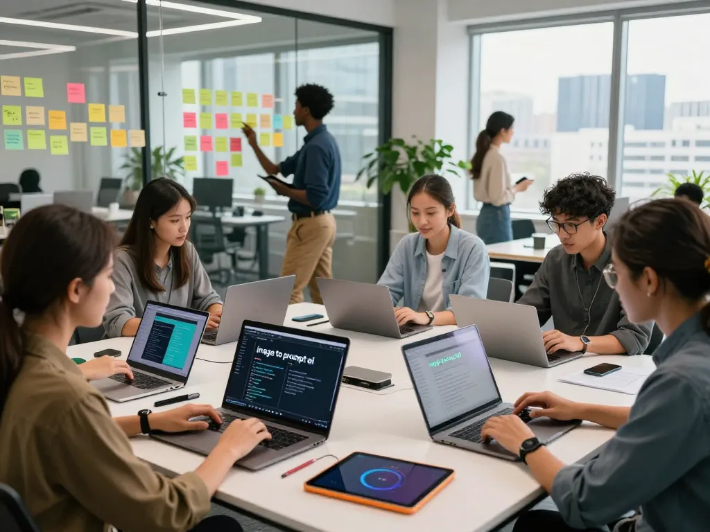Team collaborating with image to prompt ai tools in a vibrant tech office.