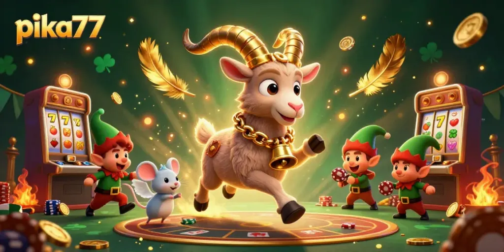 Engage in exciting gambling action at pika77's festive casino, featuring dynamic characters and vibrant slot games.
