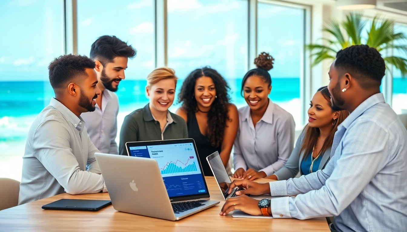SEO Agency Clearwater team collaborating in a vibrant digital workspace with beach views.