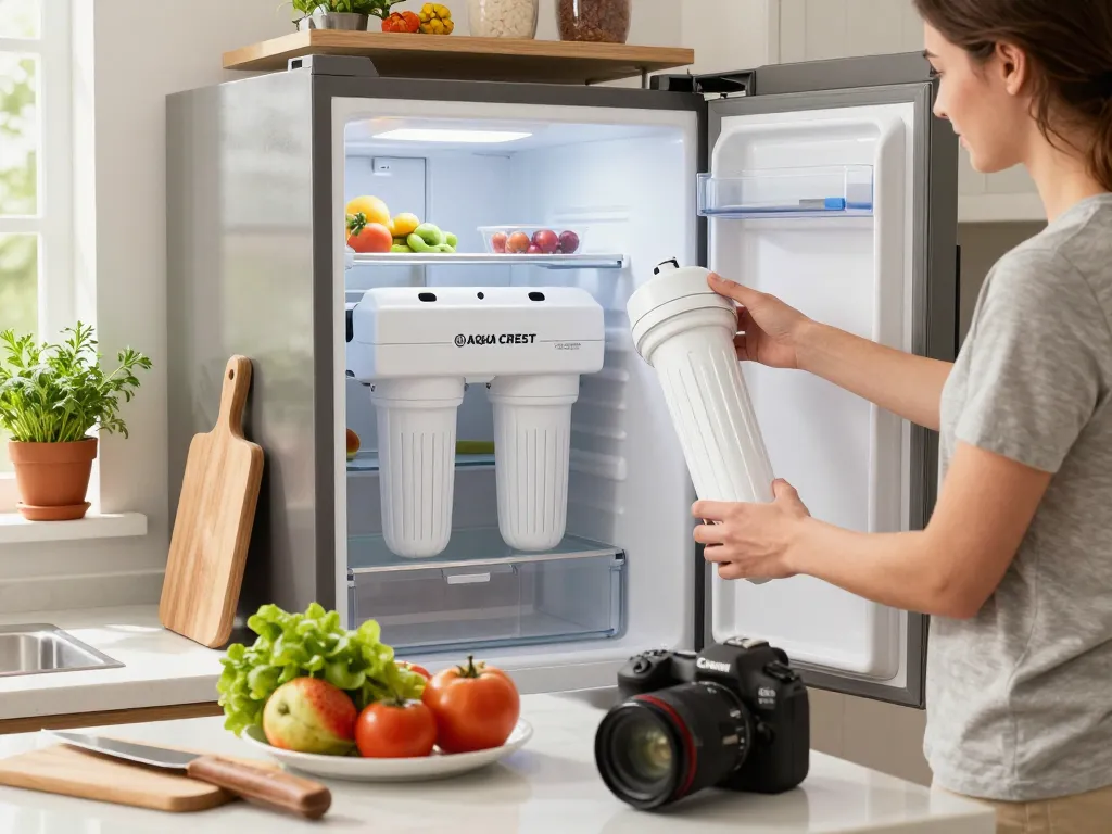 AQUA CREST 644845 Refrigerator Water Filter Replacement for Bosch® Ultra Clarity® 11034152 being installed in a bright kitchen, emphasizing freshness and healthy living.