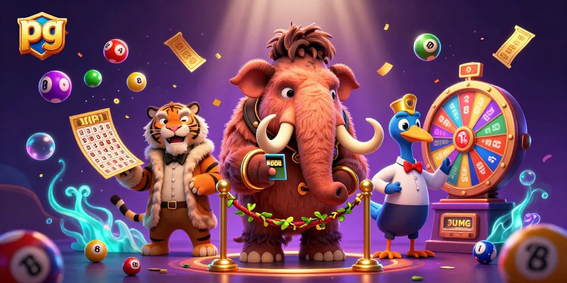 Engage with pg casino adventures featuring a mammoth bouncer, VIP saber-tooth guest, and a festive lottery scene.