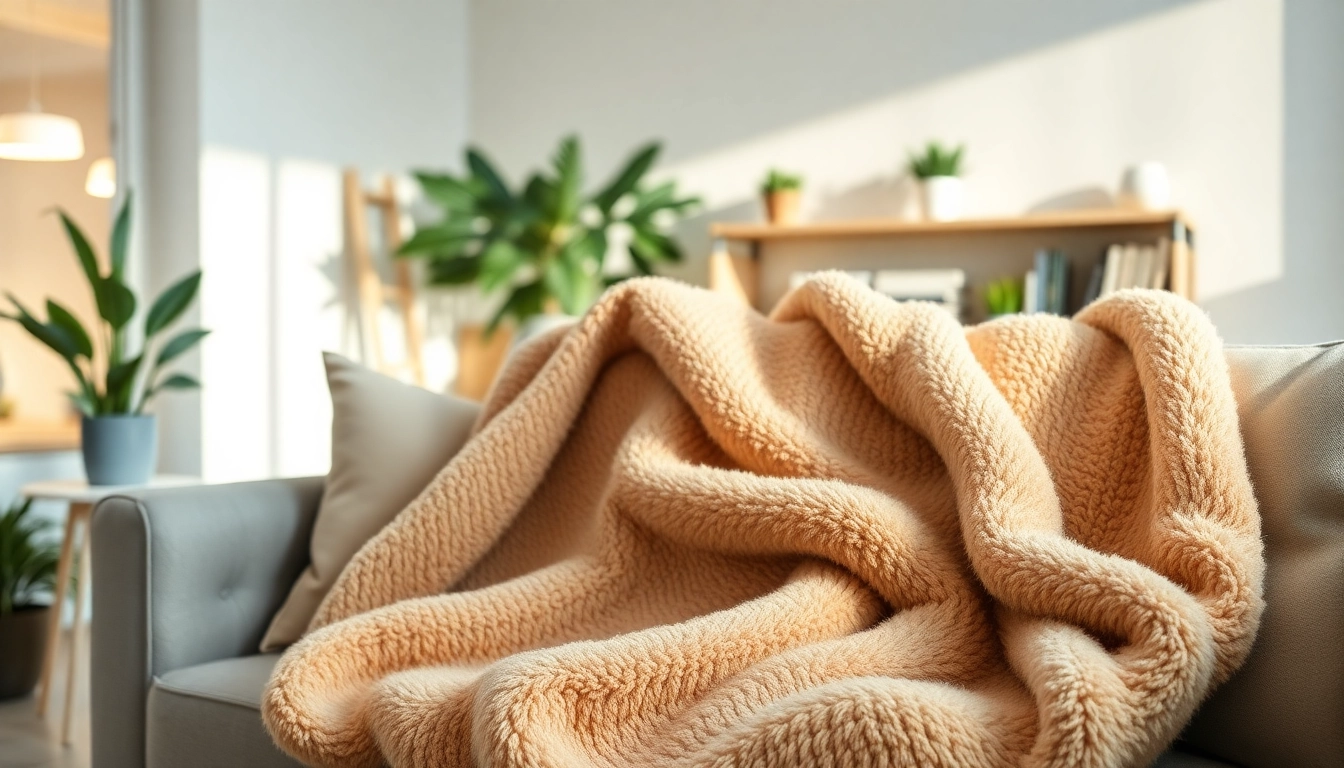Fleece deken als decoratie op een moderne bank in een stijlvolle woonkamer.