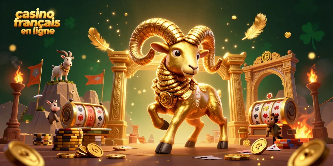 Visualisez le casino français en ligne avec un bélier doré dynamisant le jeu sous des effets enflammés.