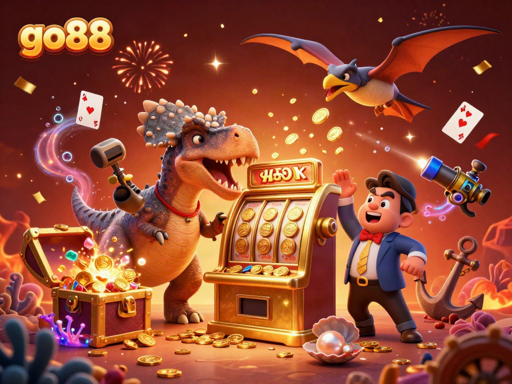 go88 celebrates big wins with a dinosaur-themed casino scene filled with exciting game elements.
