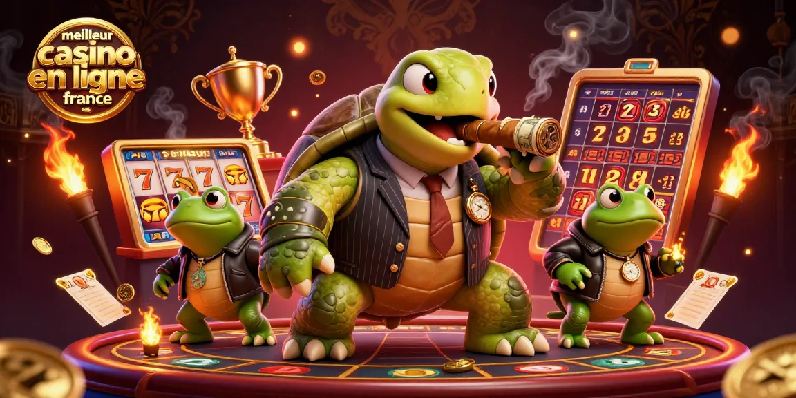 Une scène dynamique illustrant le meilleur casino en ligne France avec une tortue massive en costume, des grenouilles en cuir et des éléments de machine à sous, capturant l'excitation du jeu.