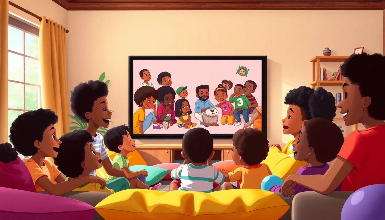 A joyful group of children enjoying African American cartoons in a cozy setting, highlighting diversity and inclusivity.