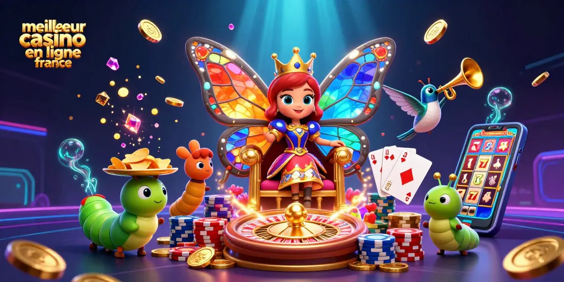 Visualisez le meilleur casino en ligne France avec une reine papillon au trône entourée de pièces d'or.