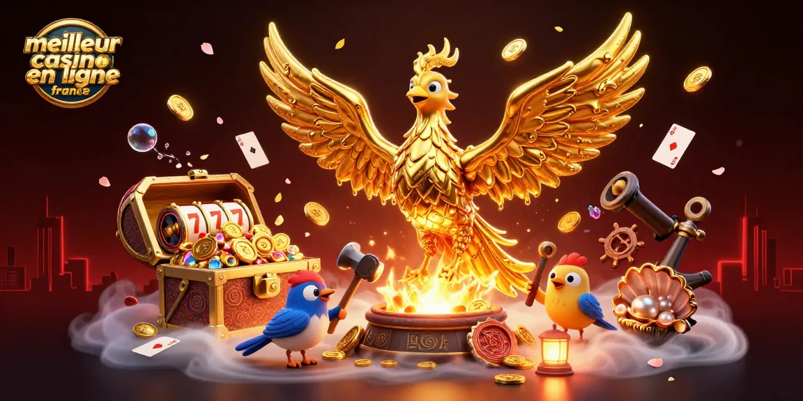Découvrez l'illustration d'un meilleur casino en ligne France avec un phoenix doré et des éléments de jeu captivants.