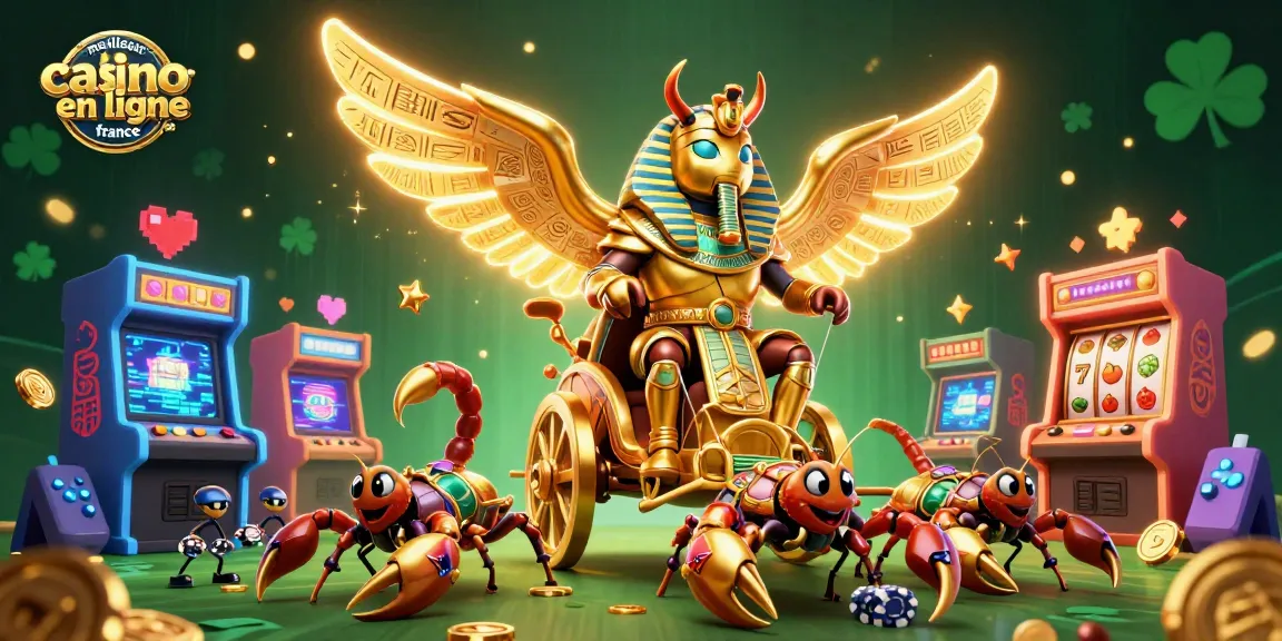 Affrontez le meilleur casino en ligne France avec un scarabée colossal en armure, entouré de machines colorées.