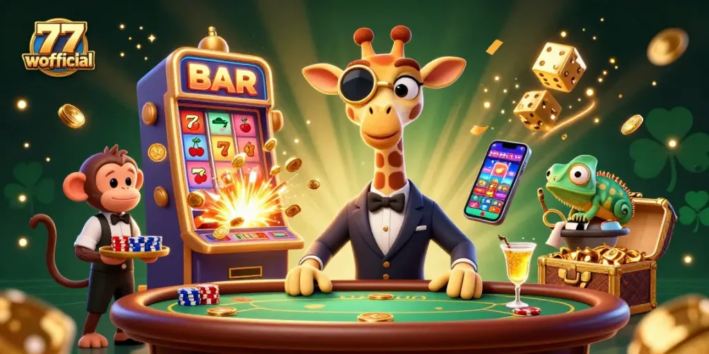 Experience the thrill of 77wofficial with an elite high-roller giraffe at a dynamic poker scene.
