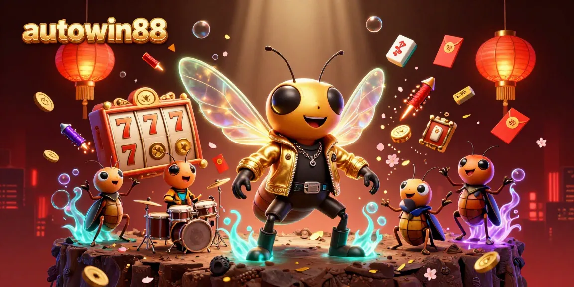 Autowin88 features vibrant gaming elements with a dynamic 3D cartoon scene of a cicada rock star and friends.