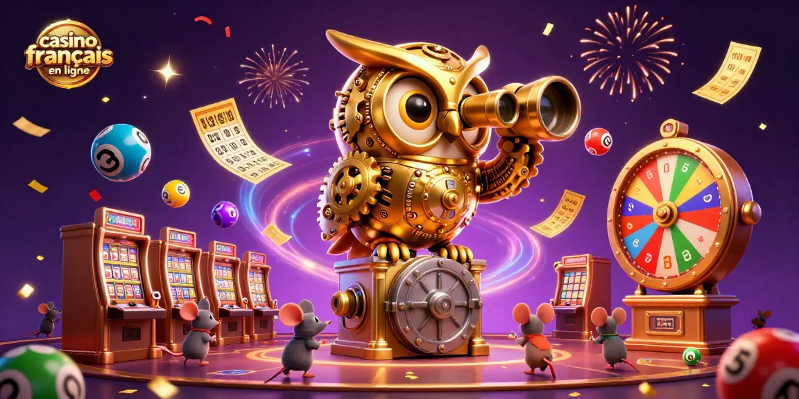 Jouer dans un casino français en ligne avec une illustration dynamique d'un hibou en or et des éléments de loterie.