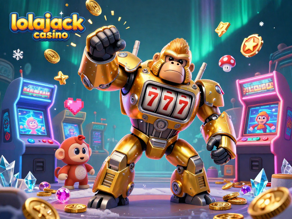 Experience the excitement at lolajack casino with a vibrant 3D illustration of a golden gorilla mech surrounded by gaming elements.