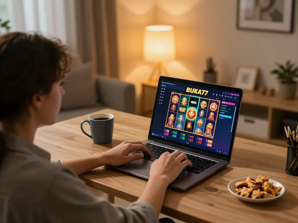 Engaging with BUKA77 SLOT on a laptop in a cozy home gaming setup.