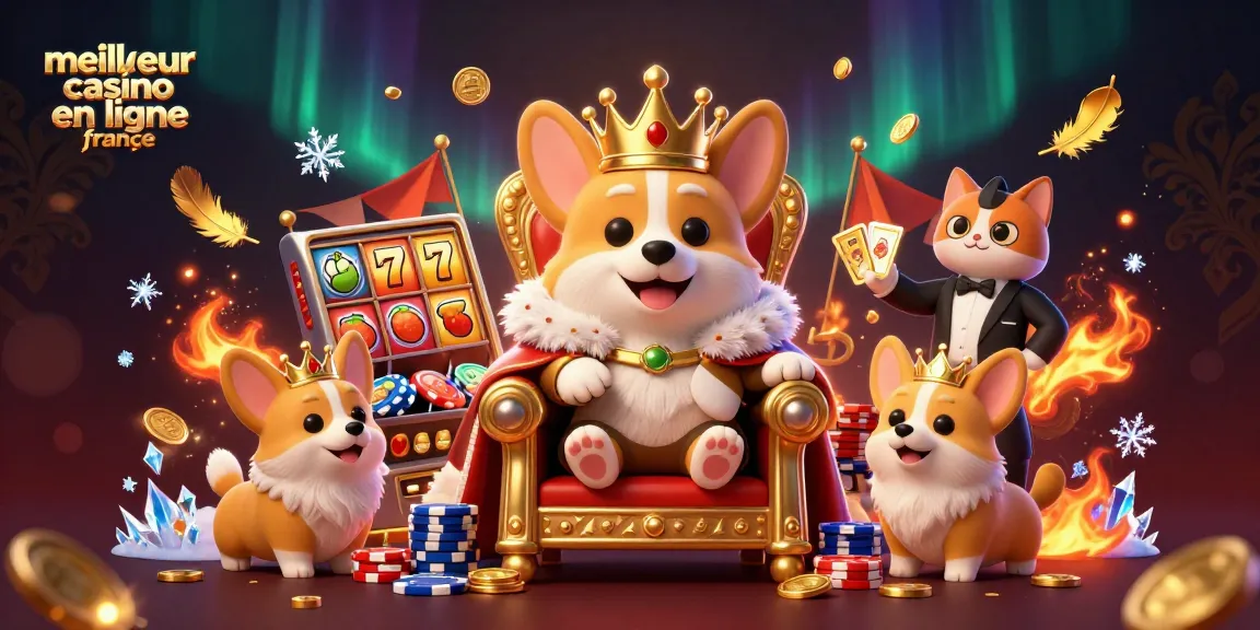 Jouer au meilleur casino en ligne France : illustration colorée d'un corgi royal entouré de jetons de casino.