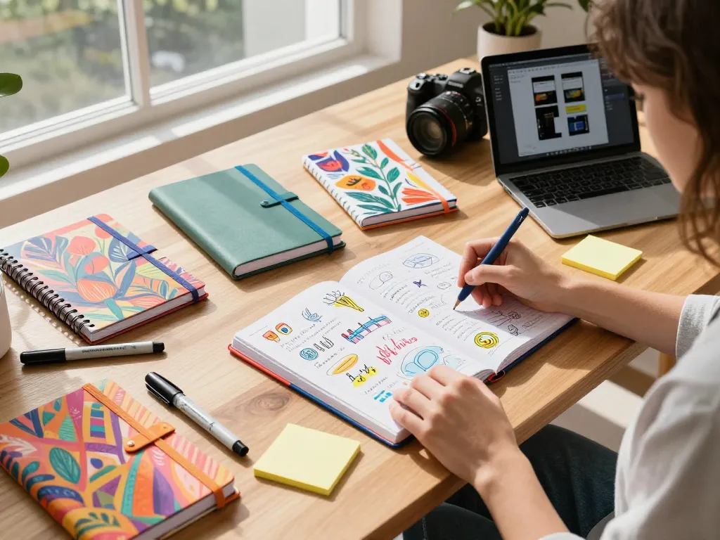 Creative designer using custom notebooks at a modern workspace.