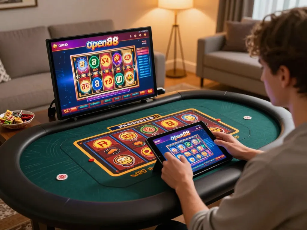Engaging with open88 online casino, enjoying thrilling games on a tablet in a cozy home setting