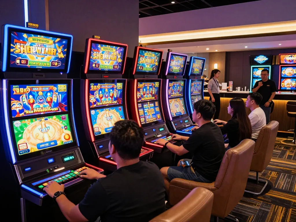 Suasana permainan yang mendebarkan dari pemain yang menikmati mesin slot situs di lounge kasino yang penuh warna.
