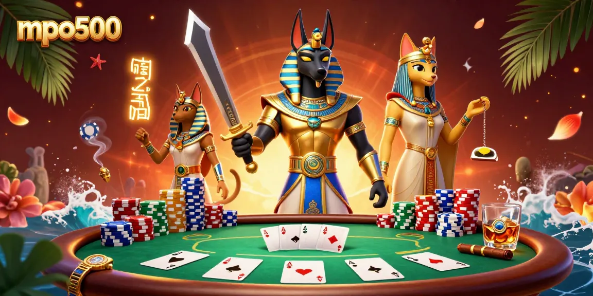 Enhance your winnings with mpo500 in this vibrant poker scene featuring Anubis and Bastet.