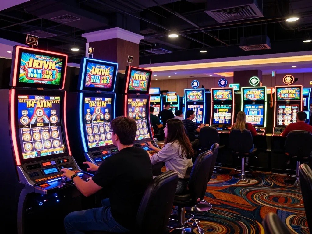 KJC players celebrating wins at vibrant slot machines in an electrifying casino atmosphere