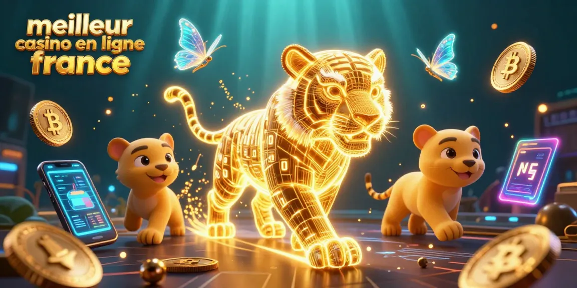 Visualisez la magie du meilleur casino en ligne France avec un tigre en lumière numérique et des cryptomonnaies en action.