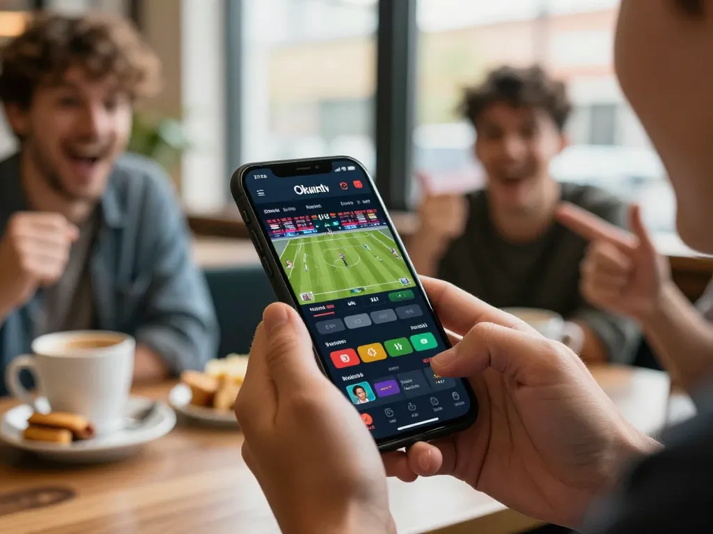 Engaging sports betting action on Okwintv app during a lively coffee shop outing