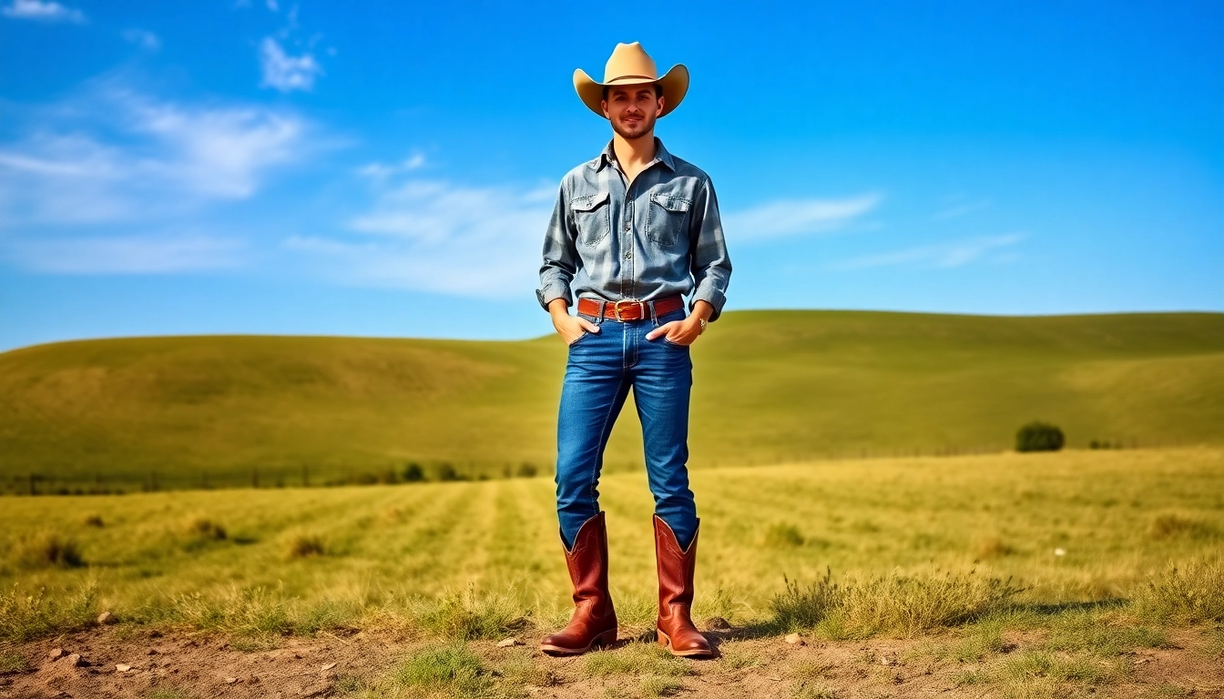 A model showcasing stylish ranch wear Canada outfit in a sunny outdoor ranch setting.