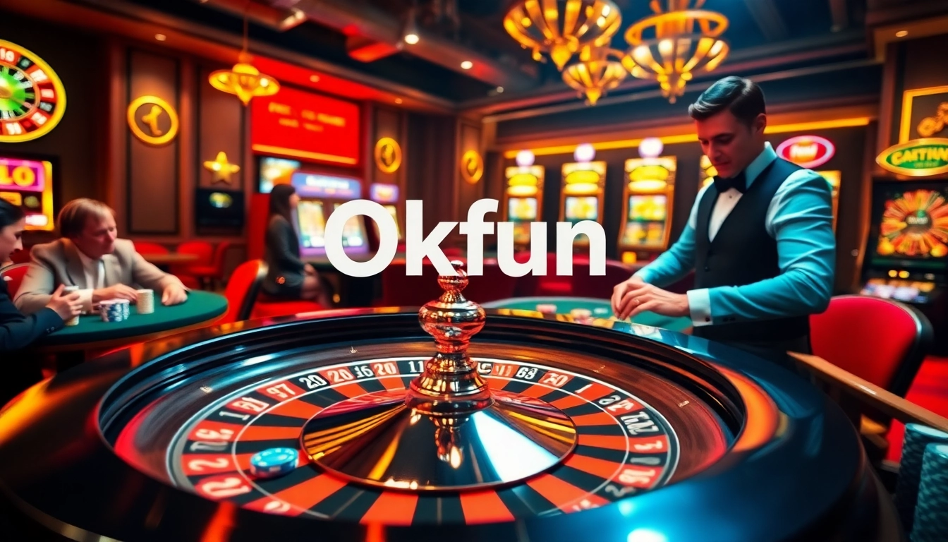 Okfun enhances your gaming experience at the bustling casino, featuring roulette and poker tables amidst vibrant lights.
