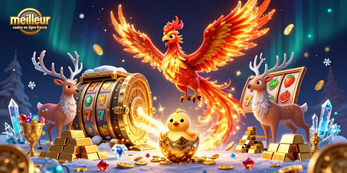 Profitez du meilleur casino en ligne France avec cette illustration captivante de jeux, pièces d'or et symboles de gains.