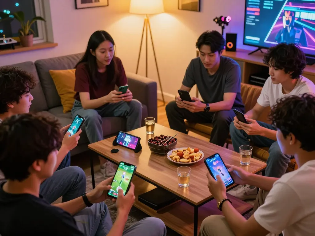 Players engaging with NSFW games apk on mobile devices during a cozy home gathering